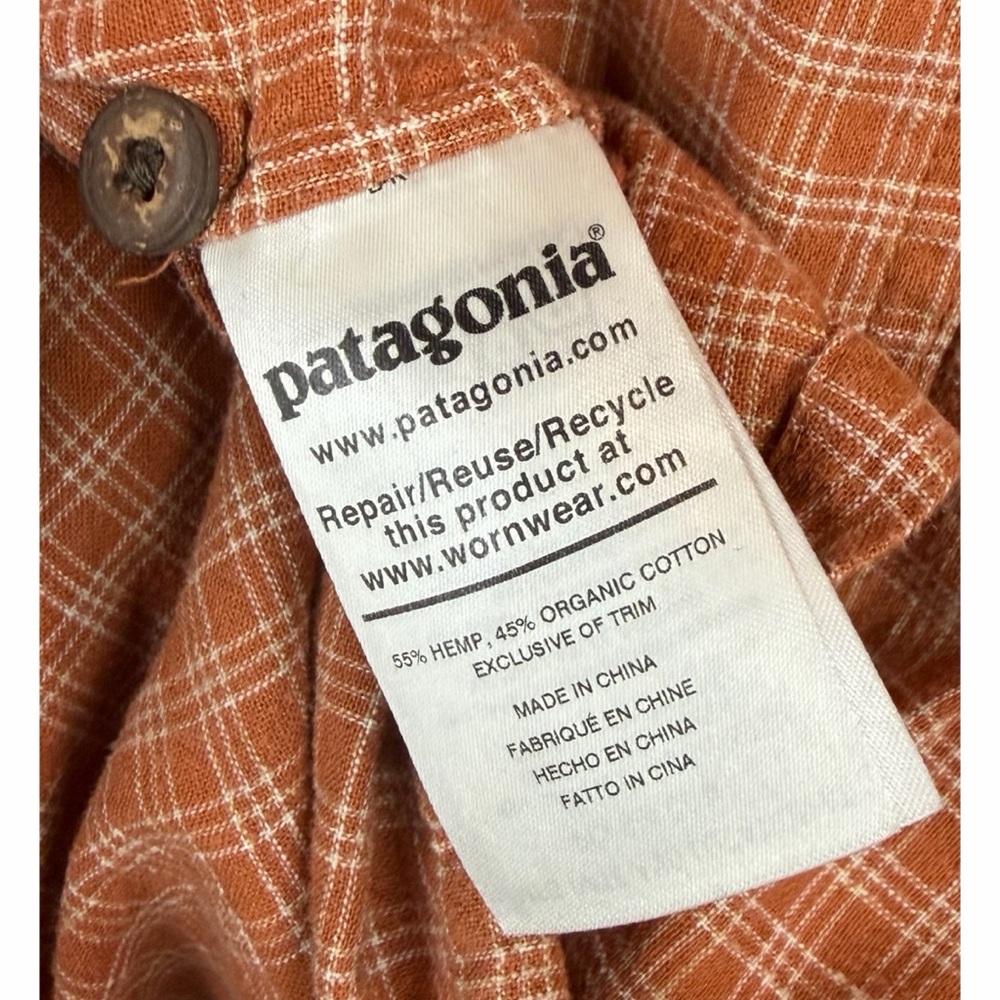 PATAGONIA • Rust Orange Plaid Hemp/Cotton Button-Down Short Sleeve Shirt, M - Picture 7 of 7
